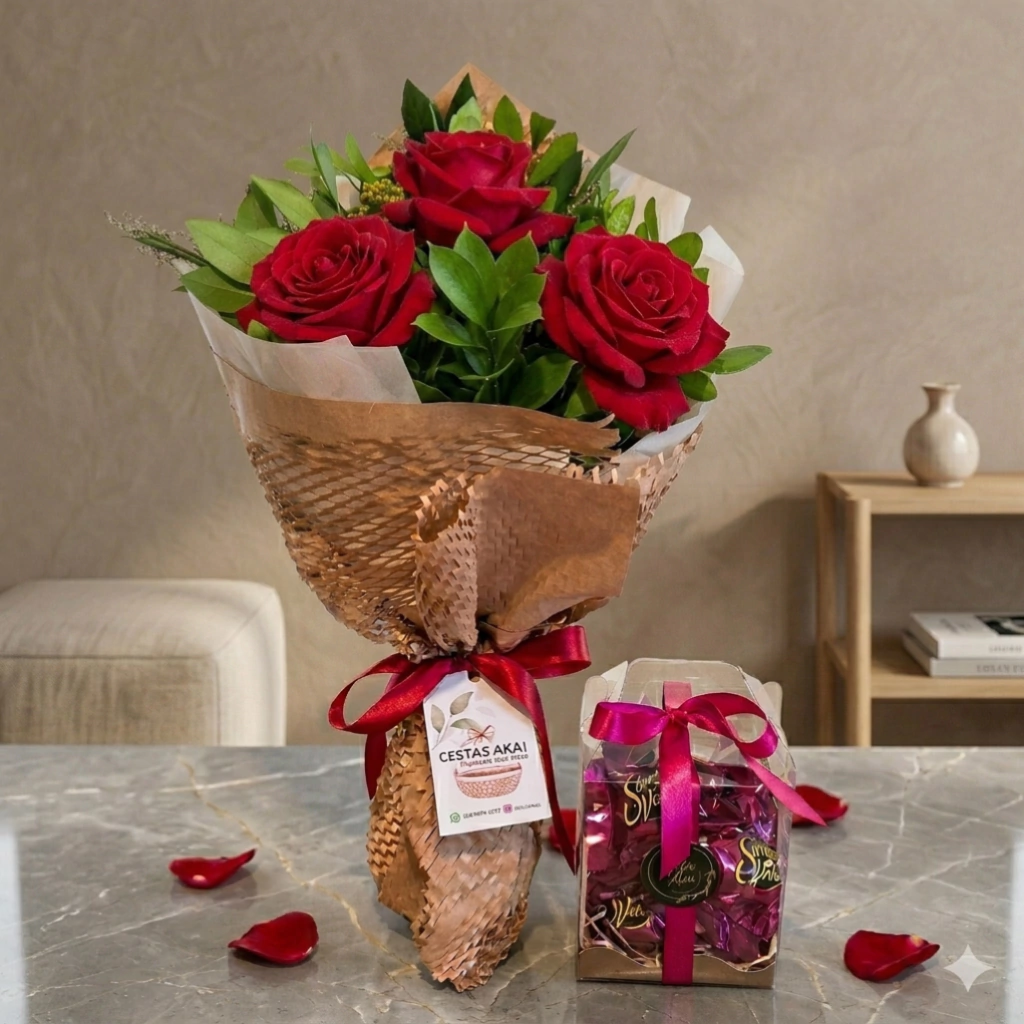Buquê de 3 rosas vermelhas com caixa de Sonho de Valsa