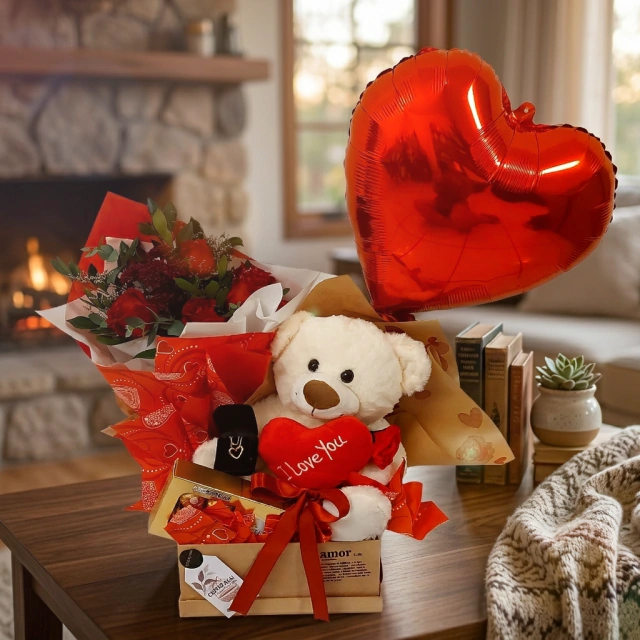 Kit presente box premium com rosas, colar, ursinho e Ferrero Rocher